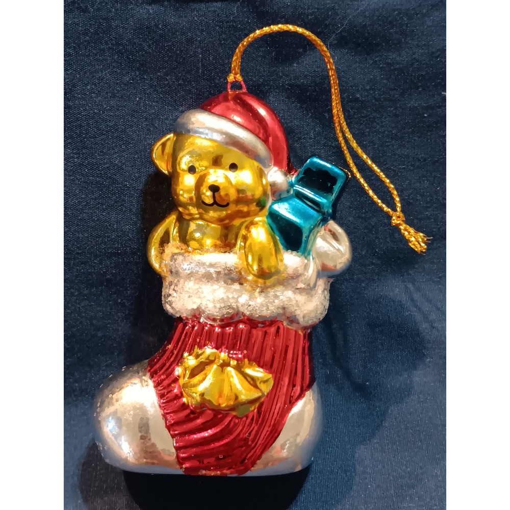Avon 1998 Ceramic Teddy Bear in Stocking Christmas Ornament Gold‎ Red Blue